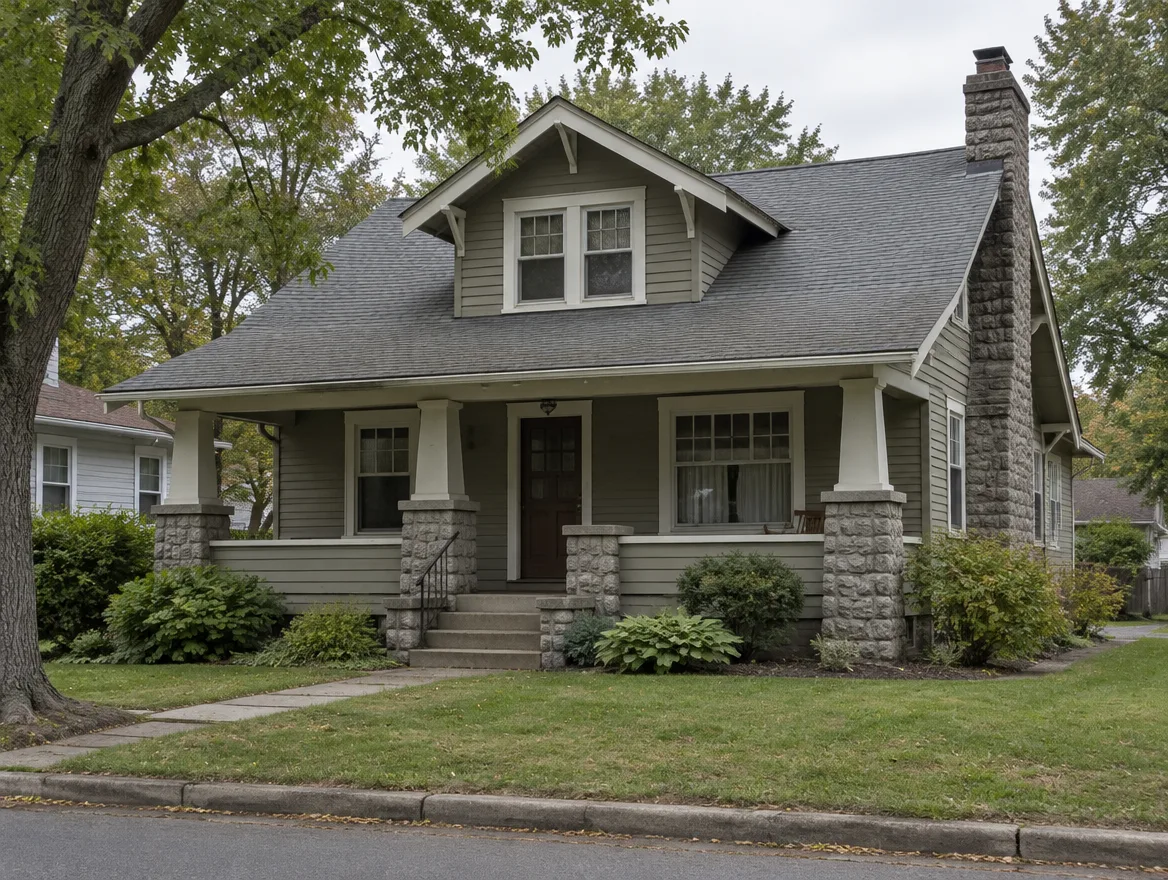 One and a half story Craftsman bungalow with a full-width porch on rock-faced concrete block piers and an exterior-end block chimney