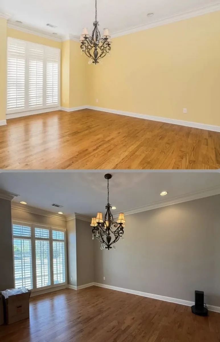 Before and after interior painting: a living room with yellow walls and light oak flooring above, and the same room after with gray walls, white trim, and dark hardwood flooring below
