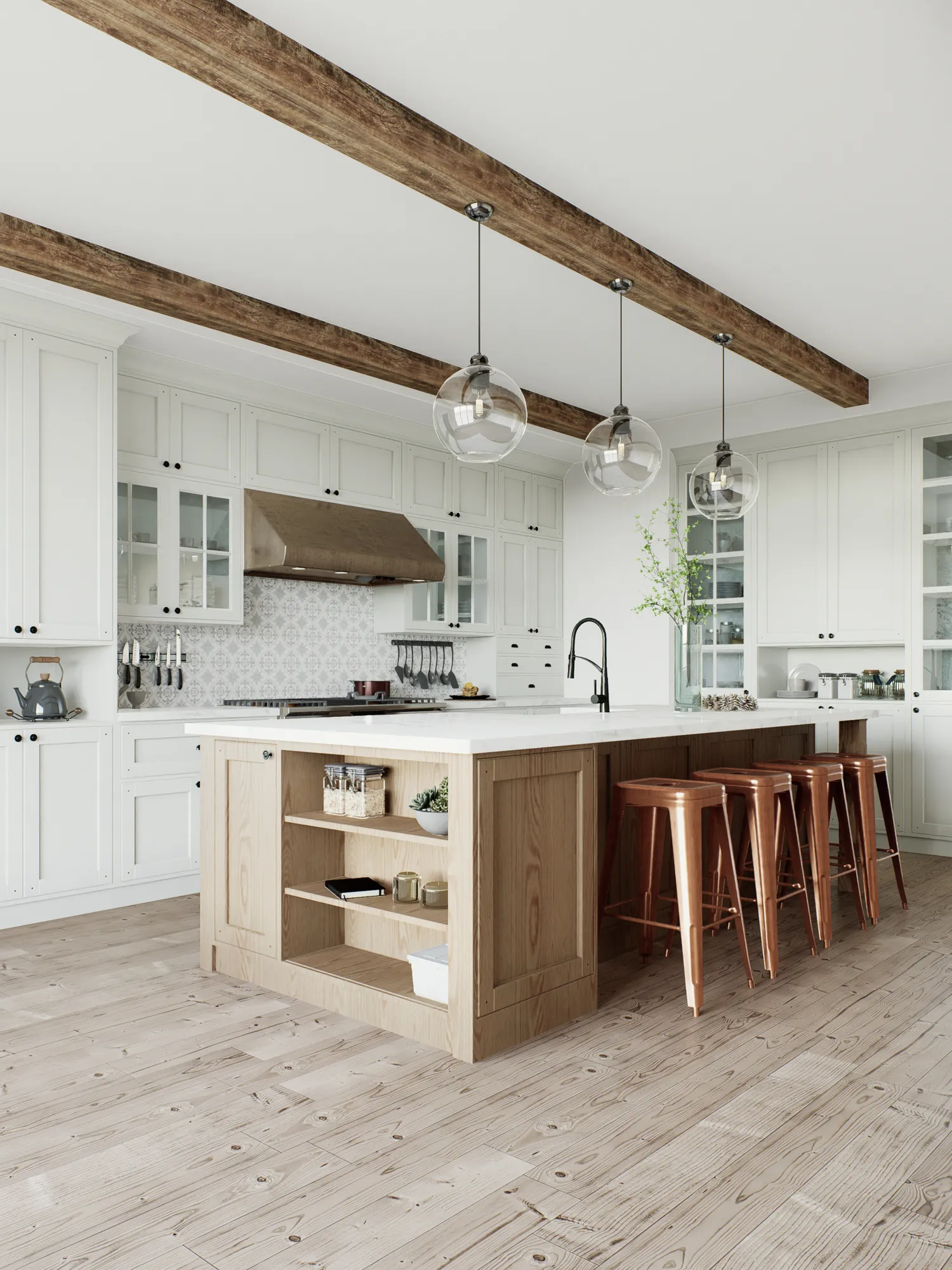Farmhouse style kitchen remodel with exposed beams by DMV Home Improvement
