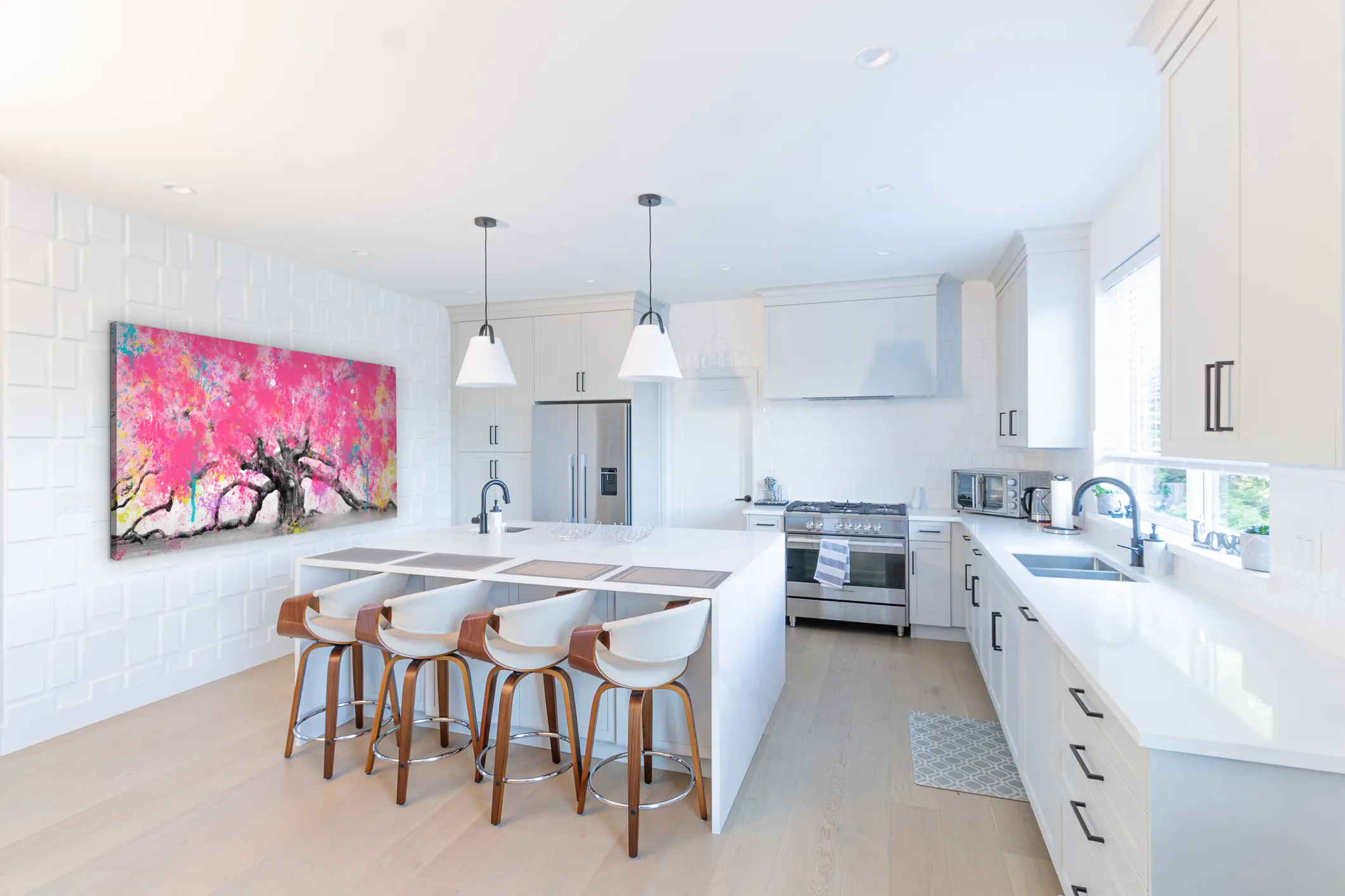 Modern white kitchen with island seating
