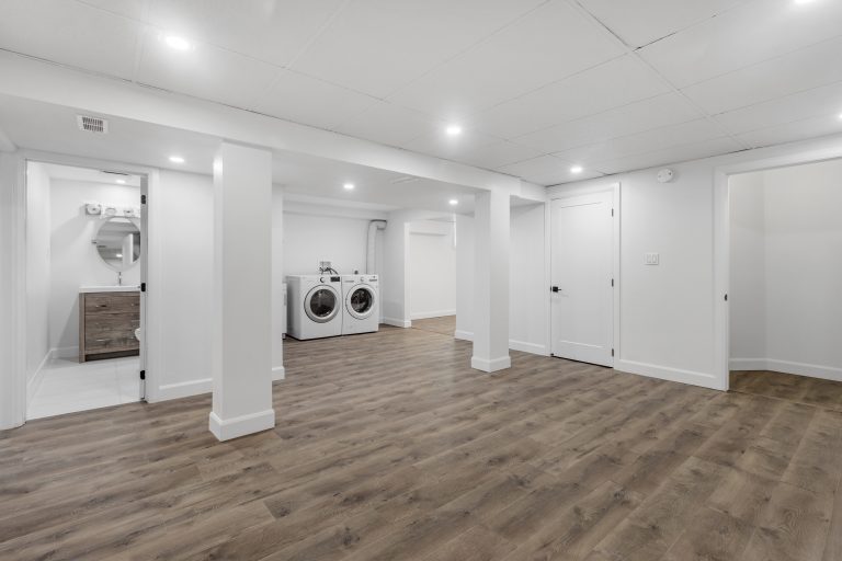 Basement renovation finishing. Flooring and painted wall.